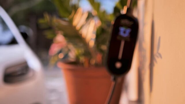 Home electric car charger plugged in at wall outlet with green plant background indoors