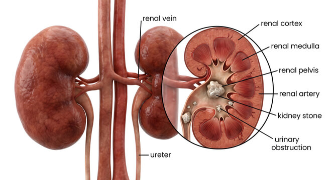 human kidney anatomy showing kidney stone formation cross section internal structure with labeled renal vein pelvis cortex medulla artery ureter medical 3d render educational infographic poster