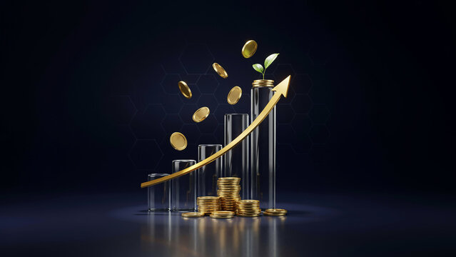 Golden rising arrow with floating coins and glass bar charts on dark background