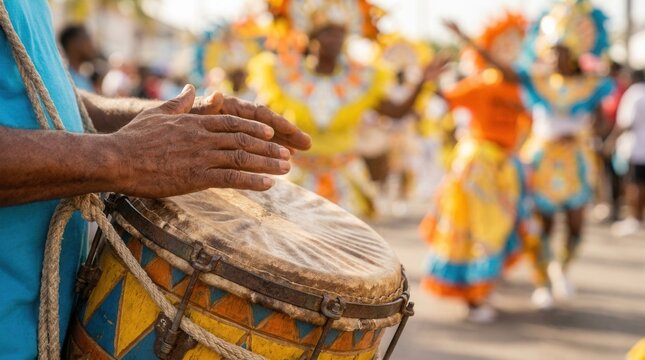 Close-up of hands drumming on a traditional Goombay drum at Junkanoo festival