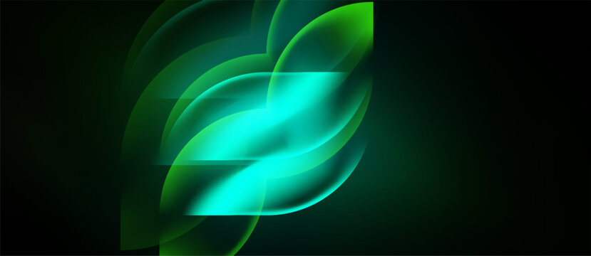 Abstract design features layered, glowing leaf shapes. Vibrant greens, turquoise create dynamic visual effect against dark background.