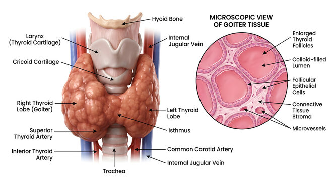 medical illustration depicting thyroid gland anatomy with goiter pathology showing larynx trachea hyoid bone and microscopic view of enlarged follicles with colloid filled lumen for healthcare