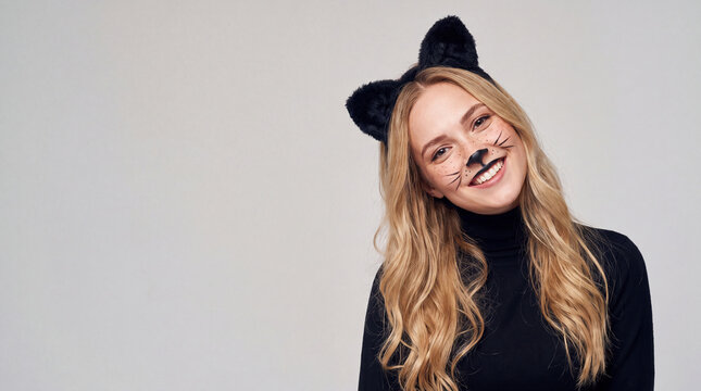 Young woman dressed as a cat with black ears and face paint, smiling against a plain background in a playful costume for Halloween or themed events