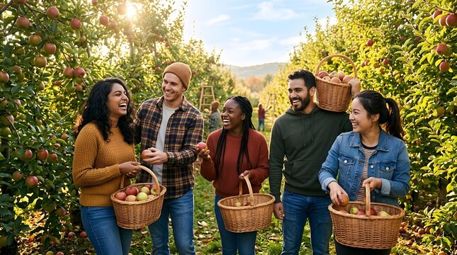 Diverse group of friends picking apples in an orchard together smiling