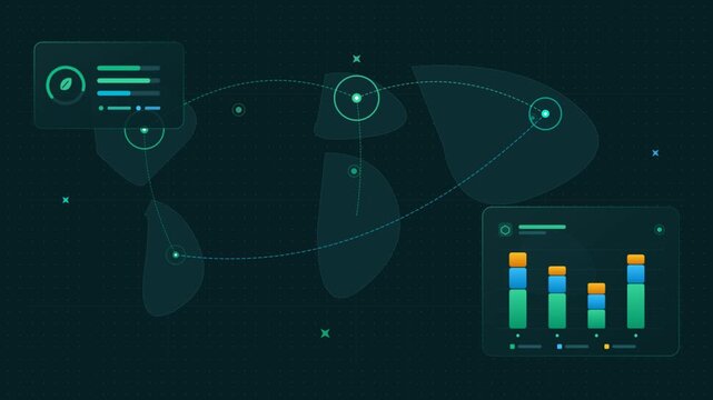 Digital HUD interface with connected data nodes and analytics charts