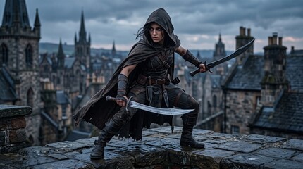 Fototapeta premium Fierce hooded female assassin in dark armor dual-wielding swords in a fantasy medieval ruined city