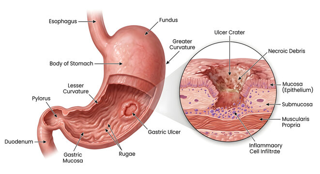 human stomach gastric ulcer detailed medical illustration showing human digestive system anatomy cross section and magnified view of ulcer crater cellular layers rugae for health education scientific