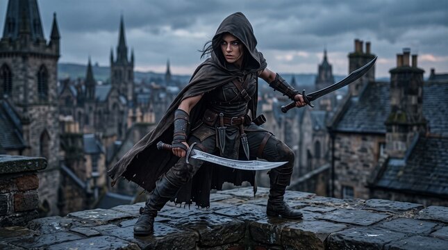 Fierce hooded female assassin in dark armor dual-wielding swords in a fantasy medieval ruined city