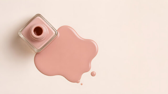 Pink Nude Nail Polish Bottle Spilled Liquid Swatch on Cream Background