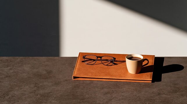 Closed Leather Notebook with Eyeglasses Copy Space