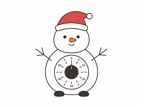 Cute Snowman Kitchen Timer Illustration with Santa Hat and Analog Clock Dial
