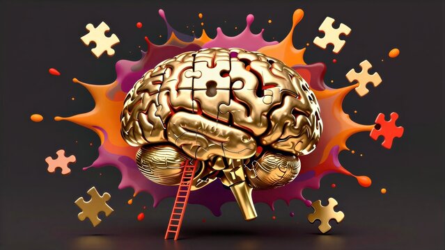 Golden brain with puzzle pieces and vibrant splashes, symbolizing intelligence and problem-solving.