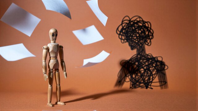 Wooden figure stands before tangled shadow, papers swirl around them.