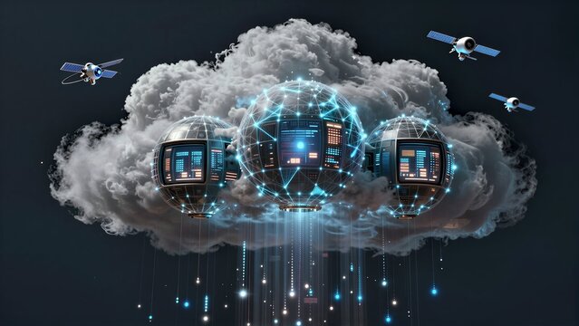 Cloud computing with satellites and data spheres, futuristic digital infrastructure.