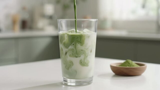 Pouring Matcha Green Tea into Iced Milk Glass in Modern Kitchen