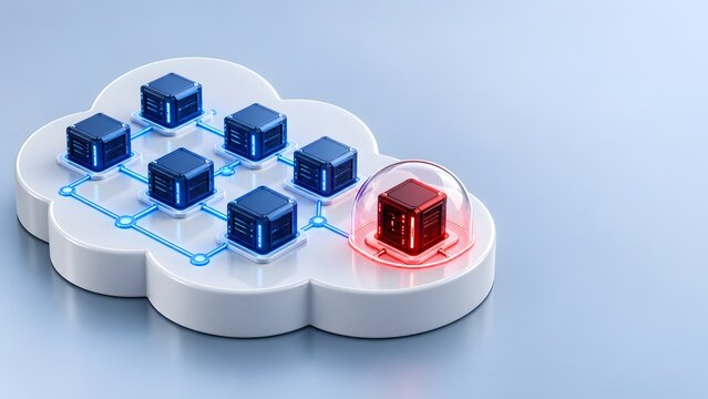 Cloud Computing Security Breach, Quarantined Red Server Node Under Protective Dome within Blue Network Infrastructure