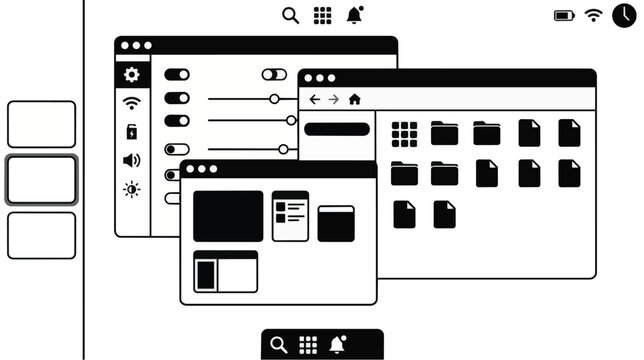 User interface icons depicting settings connectivity and file management