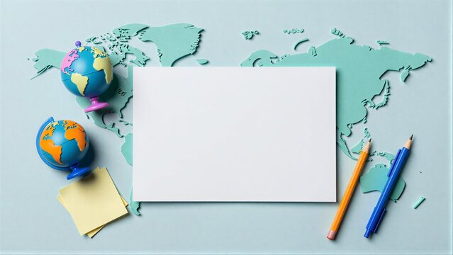Globe, map, paper, pencils, sticky note global learning setup.