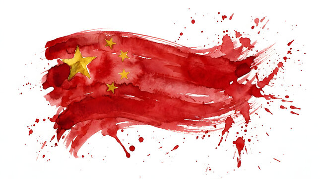 Abstract watercolor Chinese flag with artistic red ink splatters on white background.