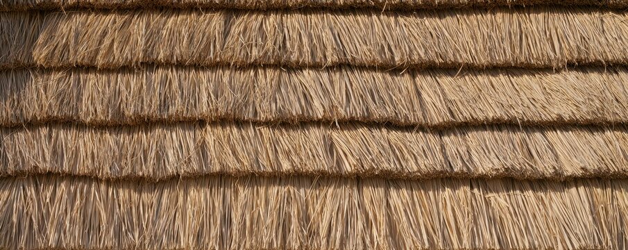 Detailed close up view of a traditional thatched roof with layered dried straw