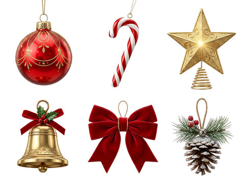 Traditional Christmas ornaments set, red and gold holiday decorations, festive winter icons