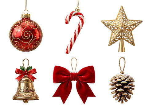 Christmas ornaments set of 6, festive holiday decorations, red and gold tree hanging elements