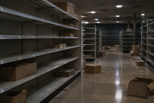 Empty retail shelves with cardboard boxes in closed store, divest and liquidation concept