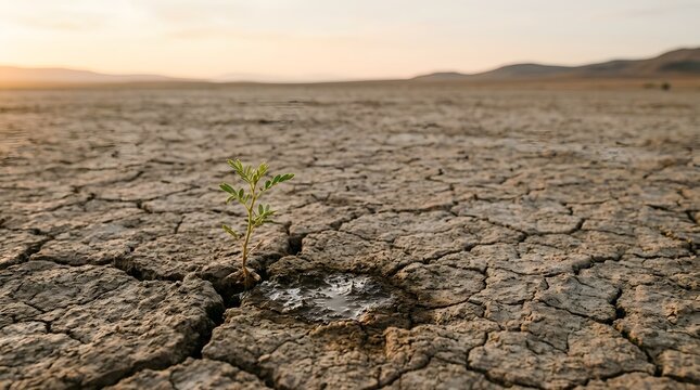Young Green Plant Growing in Cracked Dry Earth During Drought or Heat Wave