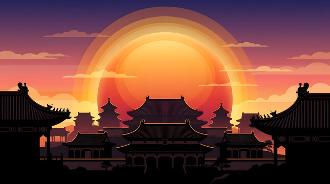 Forbidden city architecture illustration golden sunset sky traditional temple art.