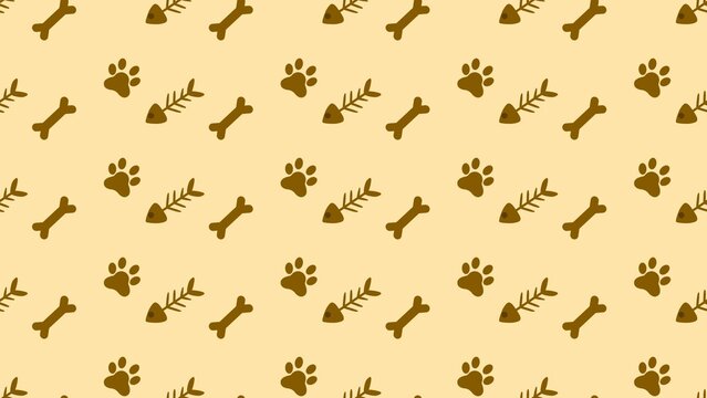 Animal paw print seamless pattern, cat and dog foot, fish skeleton and bone background. Animal footprint and food silhouette background. Dog paw print pattern background
