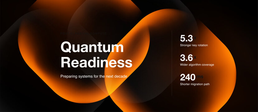 Abstract orange shapes dominate dark background. Text highlights quantum readiness, systems preparation, performance metrics. Numbers indicate improvements.