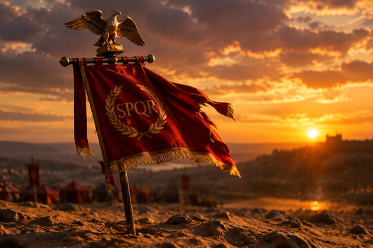 A red Roman legionary standard with a golden eagle planted in sandy soil.