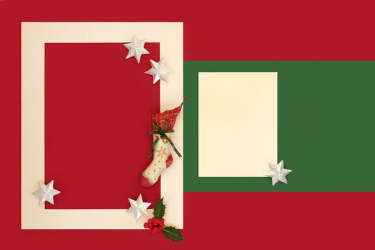 Christmas Eve mail art  letter to santa with vintage stocking, holly, stars. Xmas decorative symbols. Abstract greeting card or invitation on geometric background.