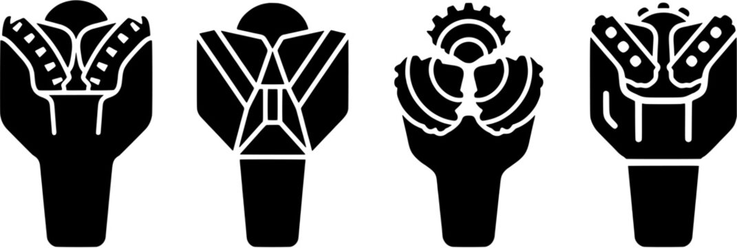Drill bit icon set in a simple black silhouette style including roller cone, PDC, and diamond drill bits for mining and oil extraction.