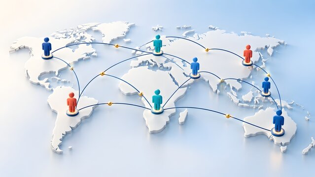 Global human connection and professional networking concept with 3d people icons linked by lines over clean white world map representing international social relationships.