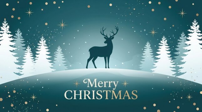 Merry christmas greeting card with deer silhouette