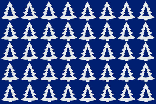 Frosted white Christmas tree repeat seamless pattern design on blue background. Magical Xmas decorations for wrapping paper or greeting card.
