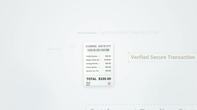 Animated concept of splitting a dinner bill using a peer-to-peer digital payment system, featuring a receipt dividing into three and verified secure transactions with paid stamps