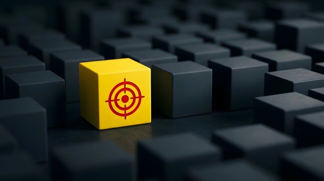 One bright yellow cube featuring a red bullseye design is prominently positioned amidst an array of uniformly dark gray cubes  emphasizing its distinctiveness through color and pattern contrast