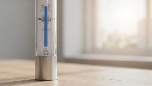 A close up of a glass room thermometer showing cold temperatures near freezing on a wooden table. Ideal for climate control and weather concepts.