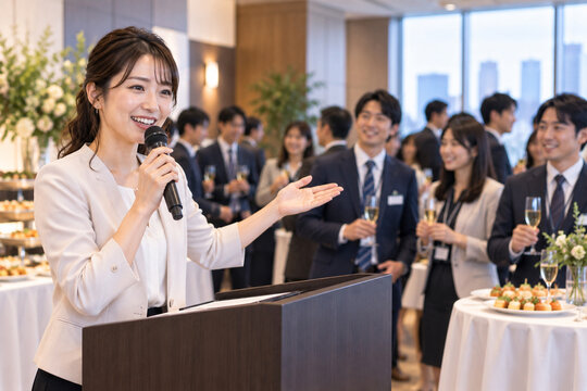 懇親会の女性司会者