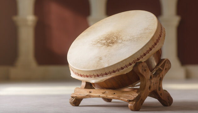 Traditional wooden frame drum rebana or bedug on a stand in a dimly lit room