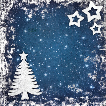 Christmas tree and star decorations grunge border background on blue. Abstract fantasy design for the holiday Xmas season.
