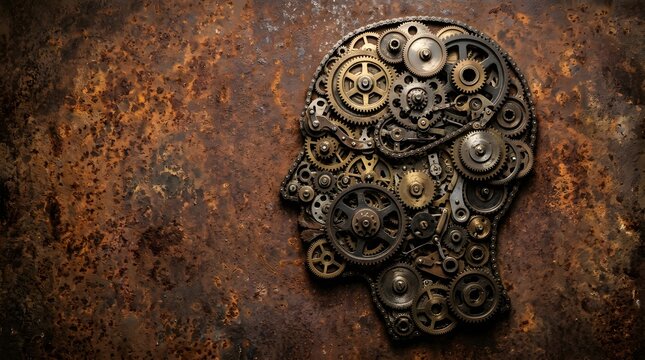 An ic representation of a human head formed by interlocking metallic gears  set against a textured rusty surface with ambient light highlighting the industrial components