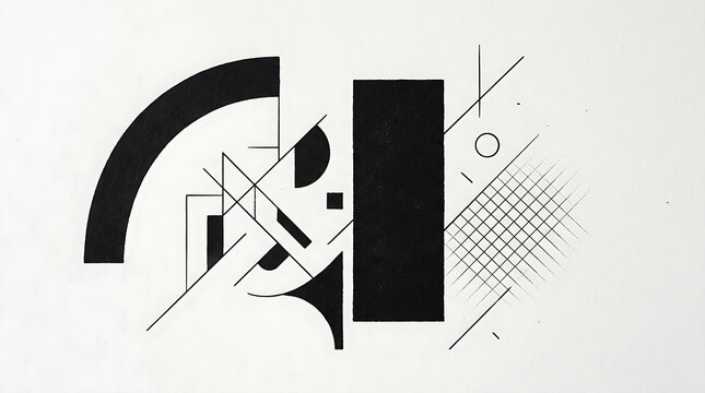 Abstract constructivist inspired composition with bold black geometric shapes and intricate thin line work