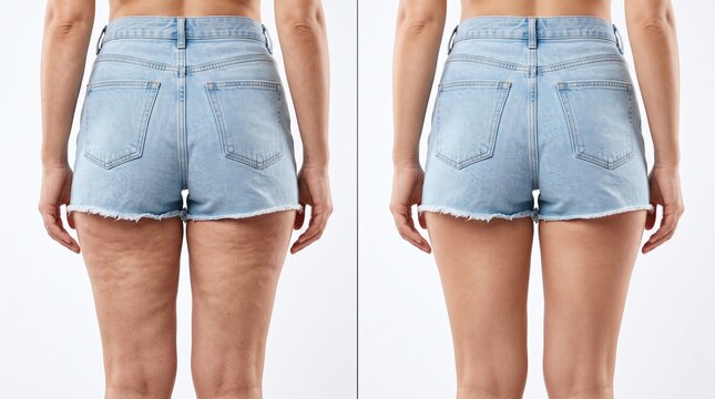 Before and after comparison of light-wash denim shorts on female back view