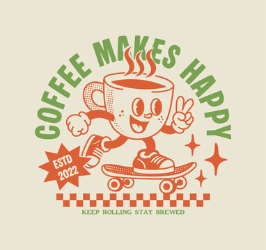 Cheerful coffee cup mascot riding a skateboard with retro hand drawn design and vintage streetwear style, perfect for t shirt, poster, and sticker designs