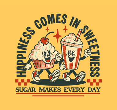 Retro cupcake and milkshake cartoon characters with hand drawn details, vintage typography, and sweet food design for t shirt, stickers, and apparel