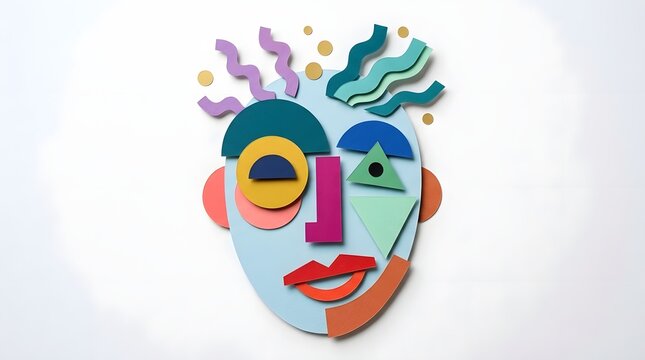 An ic composition made of layered paper pieces forming an expressive  non  human visage with vibrant colors and playful patterns