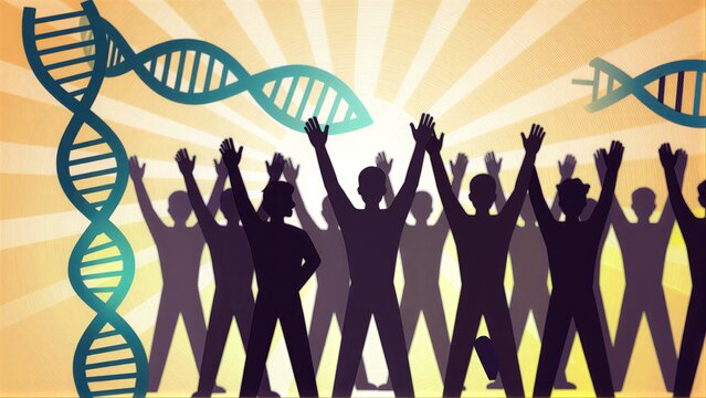 DNA helix rises above diverse people raising hands, symbolizing genetic unity and hope.